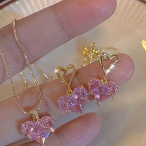Gold Heart Earrings and Necklace Set with Pink Crystals